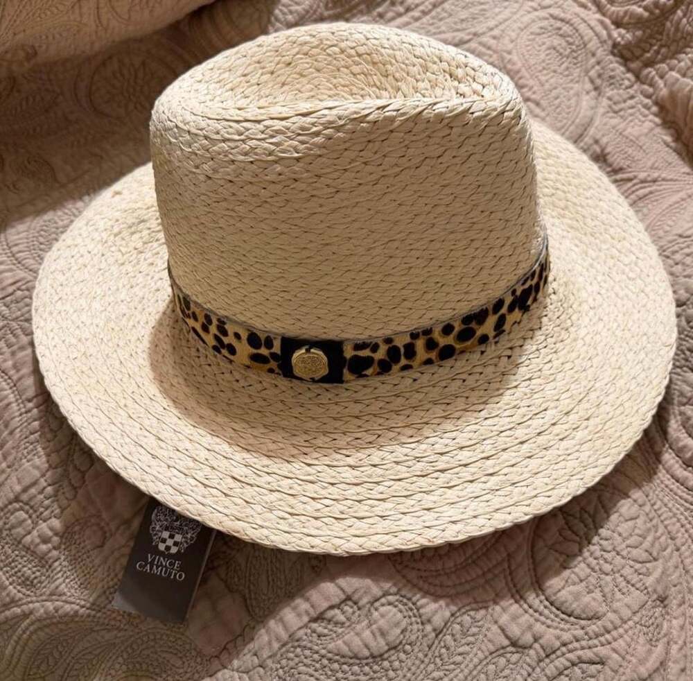 Vince Camuto Straw Fedora Sun Hat with Leopard Pony Fur Band One Size